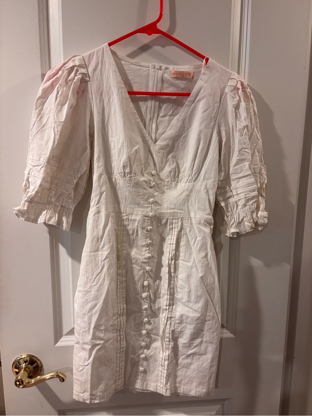 White Puff-Sleeve Button-Front Mini Dress